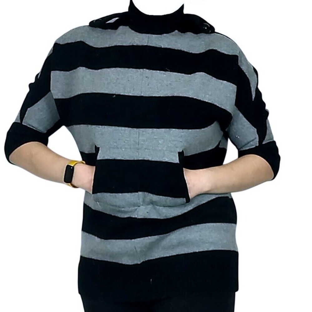 Tory Burch Merino Wool Striped Kangaroo‎ Pocket Sweater Womens S Grey Black Knit